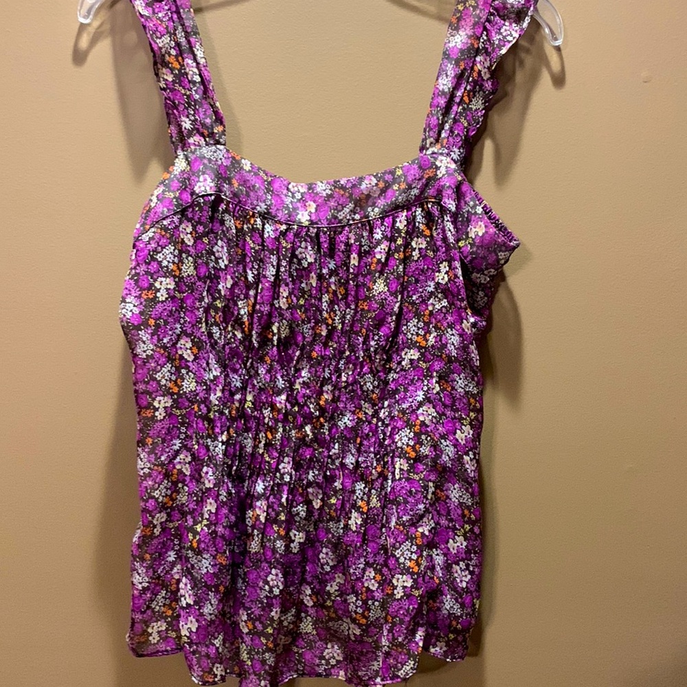 Medium Dots sleeveless purple floral tank sheer flutter sleeves shirred bodice